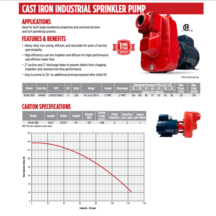 3 HP Cast Iron Sprinkler/Irrigation Pump - Red Lion