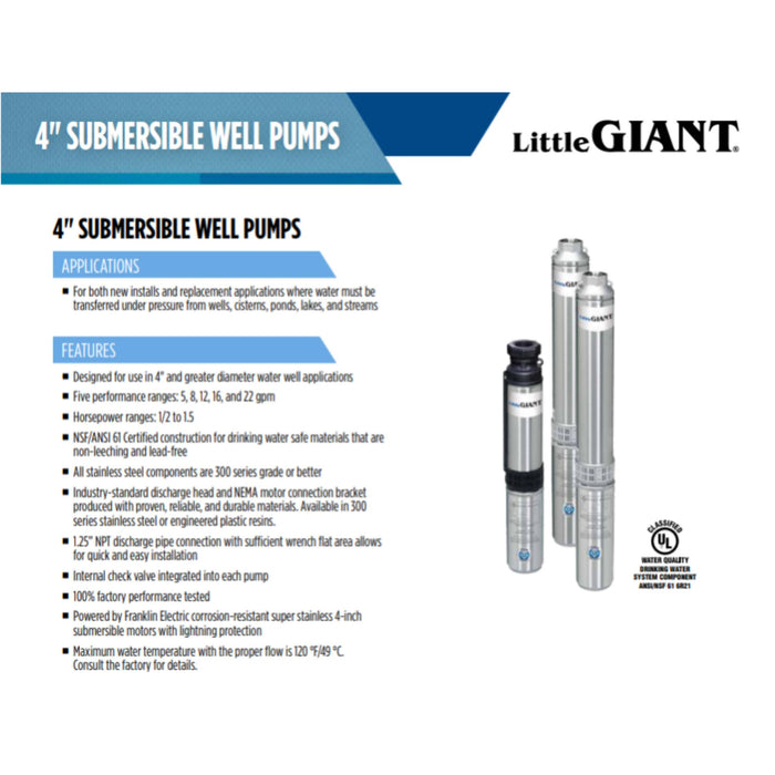 1/2 HP Deep Well Submersible Pump Little Giant Stainless Steel