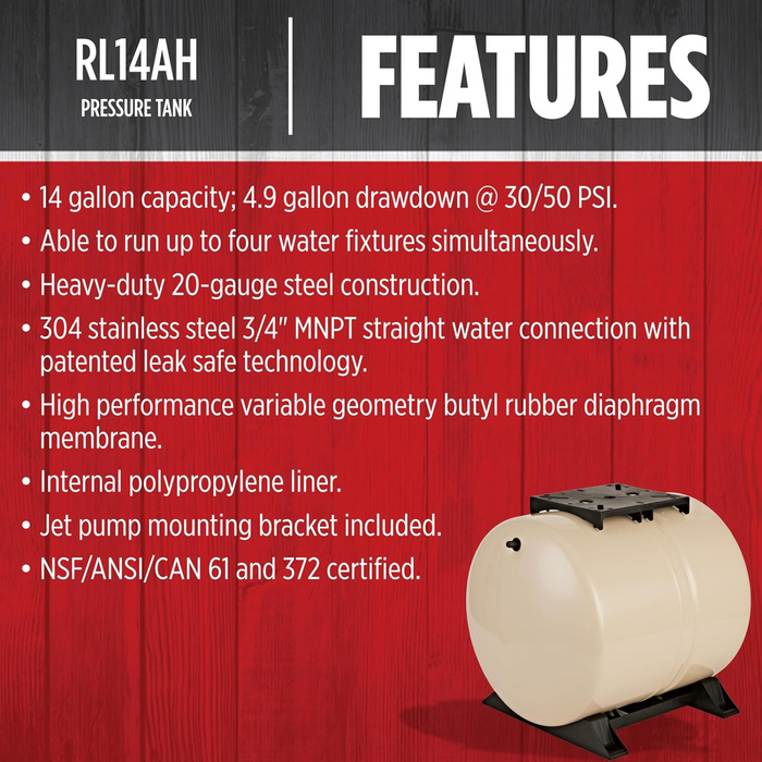 14-Gallon Horizontal Pre-Charged Pressure Tank - Red Lion
