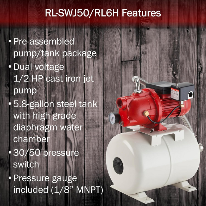 1/2 HP Shallow Well Jet Pump & 5.8 Gallon Tank Package 12.6 GPM - Red Lion