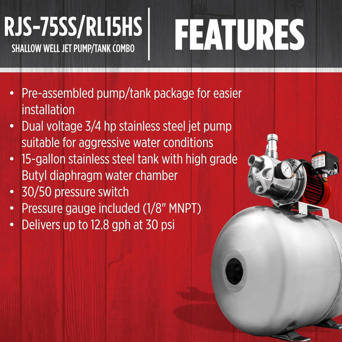 3/4 HP Stainless Steel Shallow Well Jet Pump & 15-Gallon Tank System - Red Lion