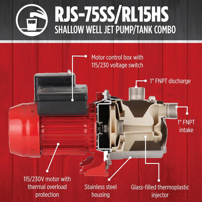 3/4 HP Stainless Steel Shallow Well Jet Pump & 15-Gallon Tank System - Red Lion