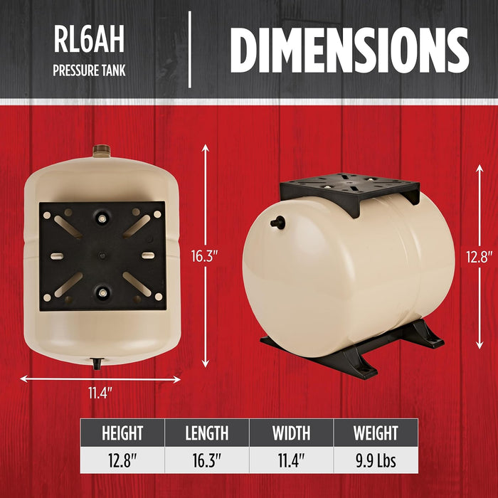 6-Gallon Horizontal Pre-Charged Pressure Tank - Red Lion RL6AH