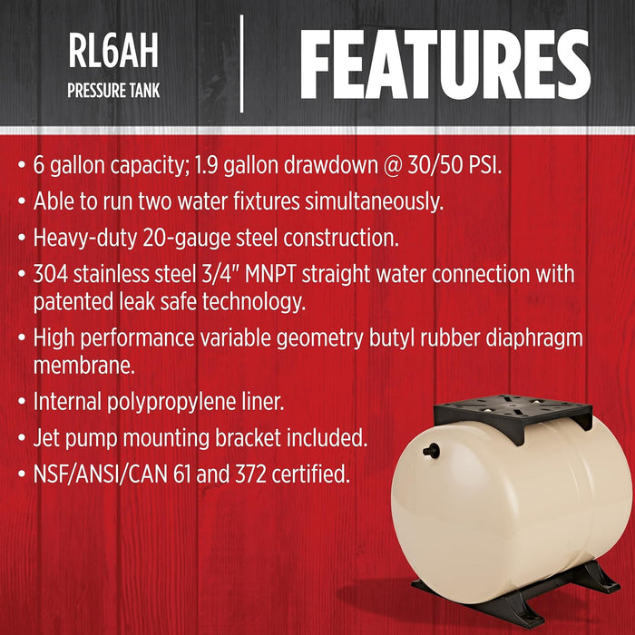 6-Gallon Horizontal Pre-Charged Pressure Tank - Red Lion RL6AH