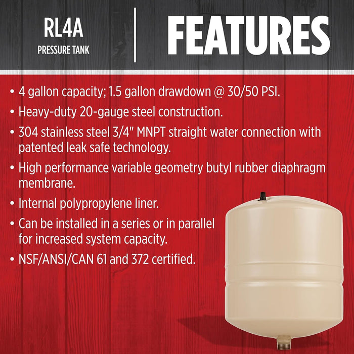 4.5-Gallon Inline Pre-Charged Pressure Tank - Red Lion