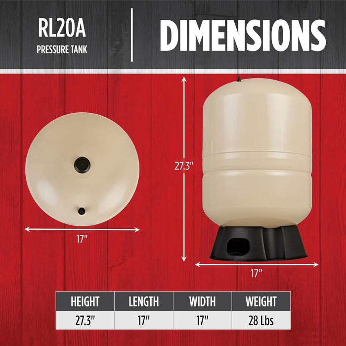 20-Gallon Vertical Pre-Charged Pressure Tank - Red Lion RL20A