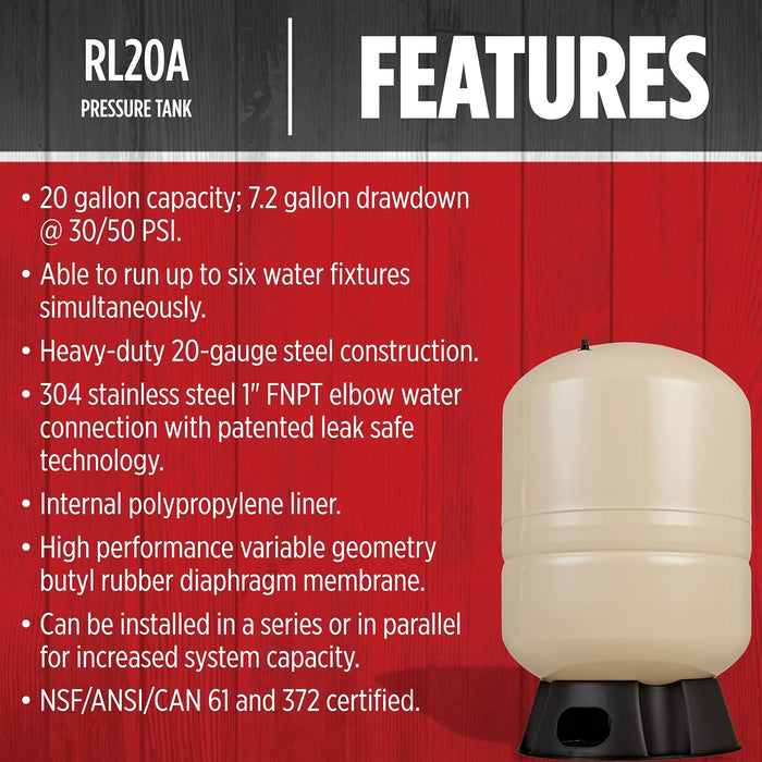 20-Gallon Vertical Pre-Charged Pressure Tank - Red Lion RL20A