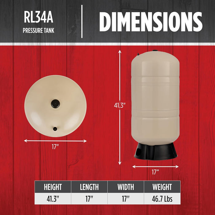 34-Gallon Vertical Pre-Charged Pressure Tank - Red Lion RL34A