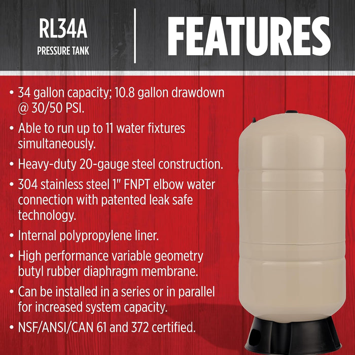 34-Gallon Vertical Pre-Charged Pressure Tank - Red Lion RL34A