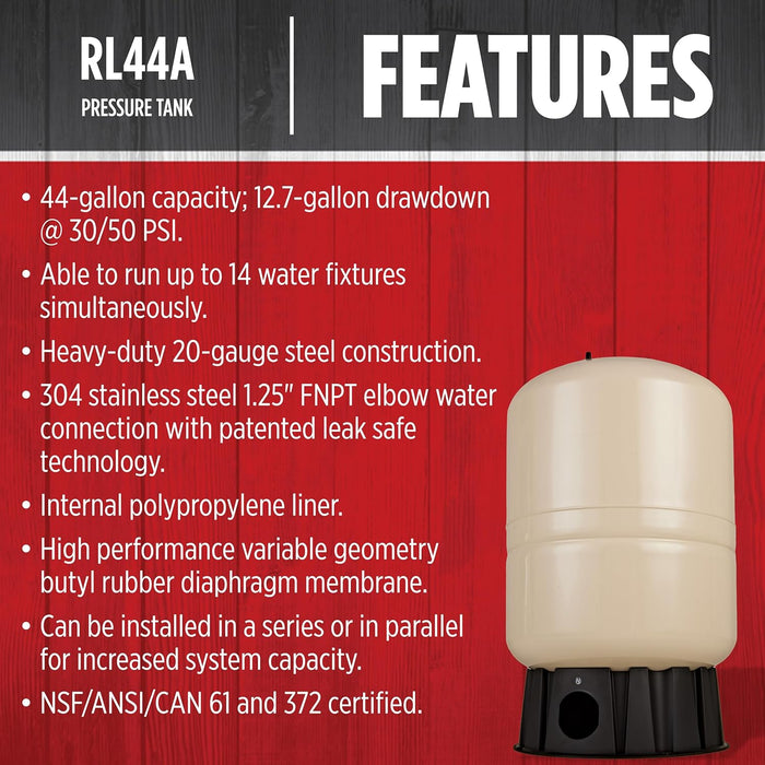 44-Gallon Vertical Pre-Charged Pressure Tank - Red Lion RL44A