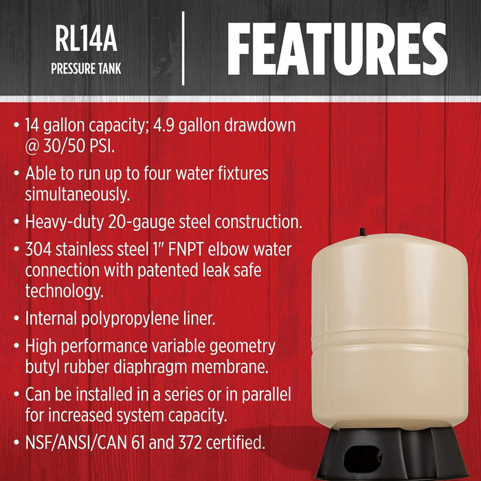 14-Gallon Vertical Pre-Charged Pressure Tank - Red Lion RL14A