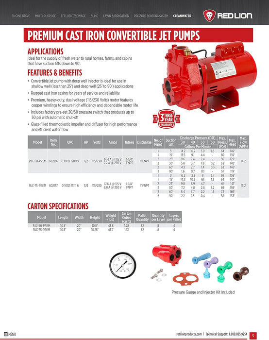 1/2 HP Premium Convertible Jet Pump 14.2 GPM - Red Lion