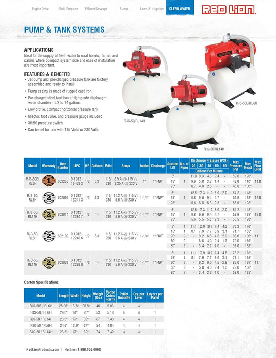 1/2 HP Convertible Jet Pump & 6-Gallon Tank System - Red Lion