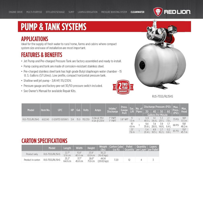 3/4 HP Stainless Steel Shallow Well Jet Pump & 15-Gallon Tank System - Red Lion