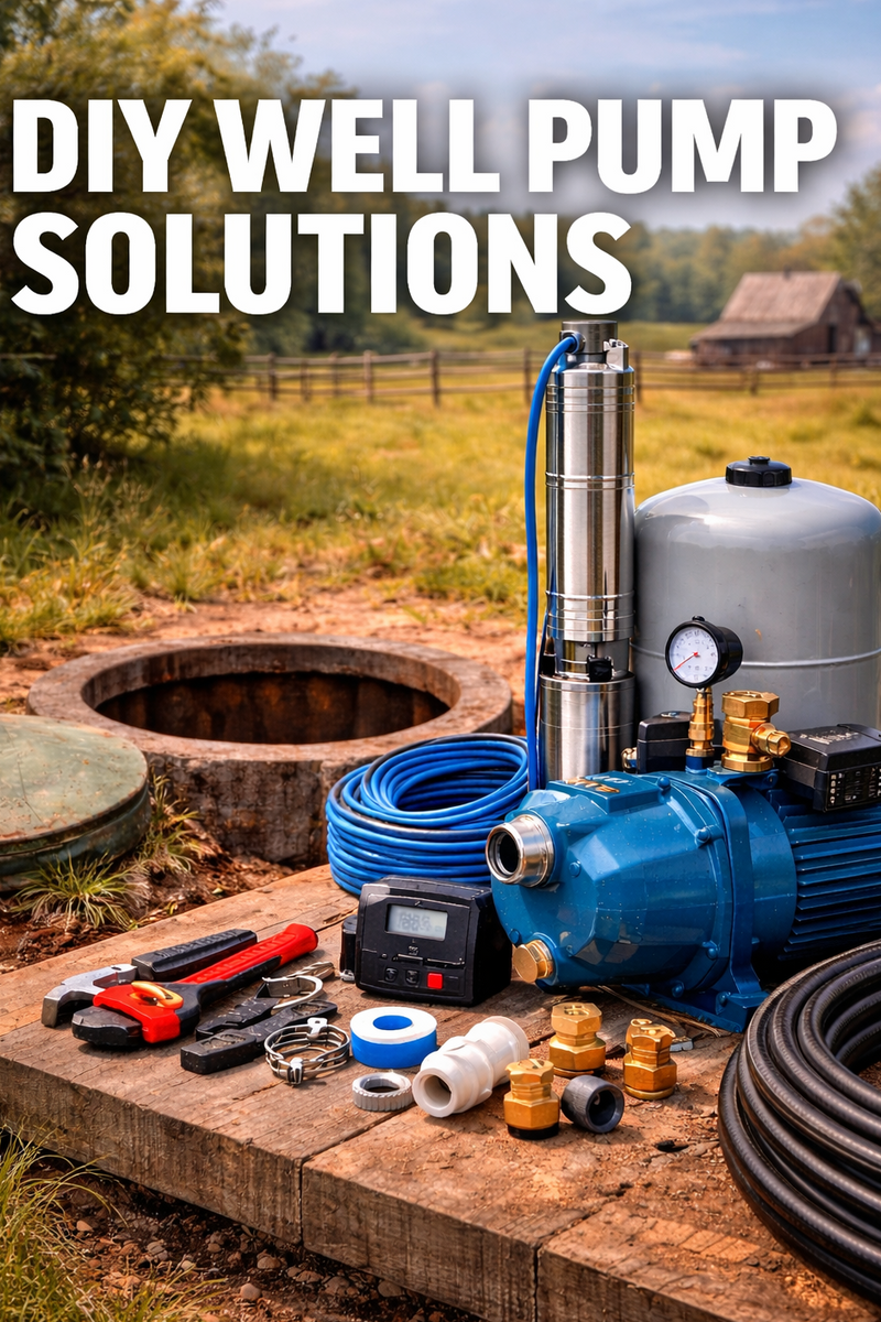 DIY well pump solutions with pump, hose, and tools on a wooden platform near a well.